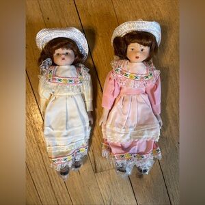 vintage new set of 2 porcelain dolls 8”- porcelain hands and feet and soft body